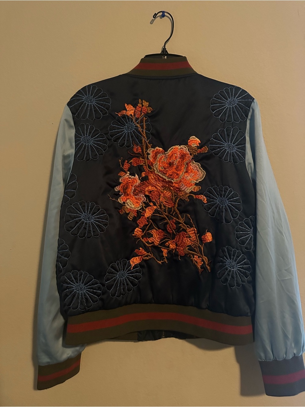 Chelsea & Violet Navy and Light Blue Embroidered Floral Bomber Jacket